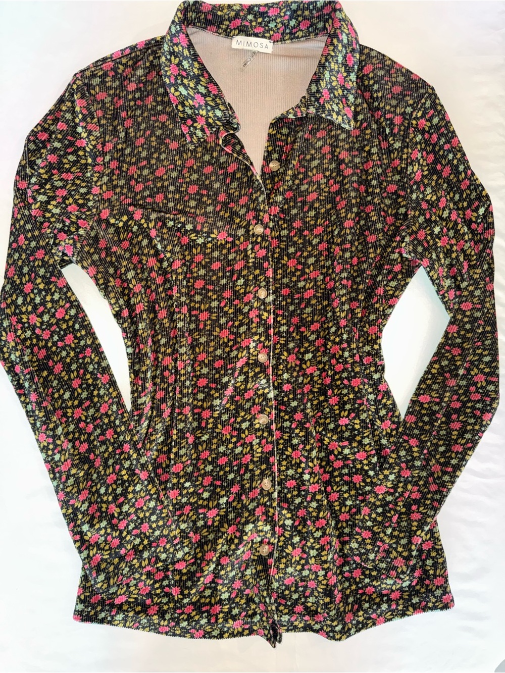 Mimosa Black Floral Button-Front Top with Pink & Green Flowers L